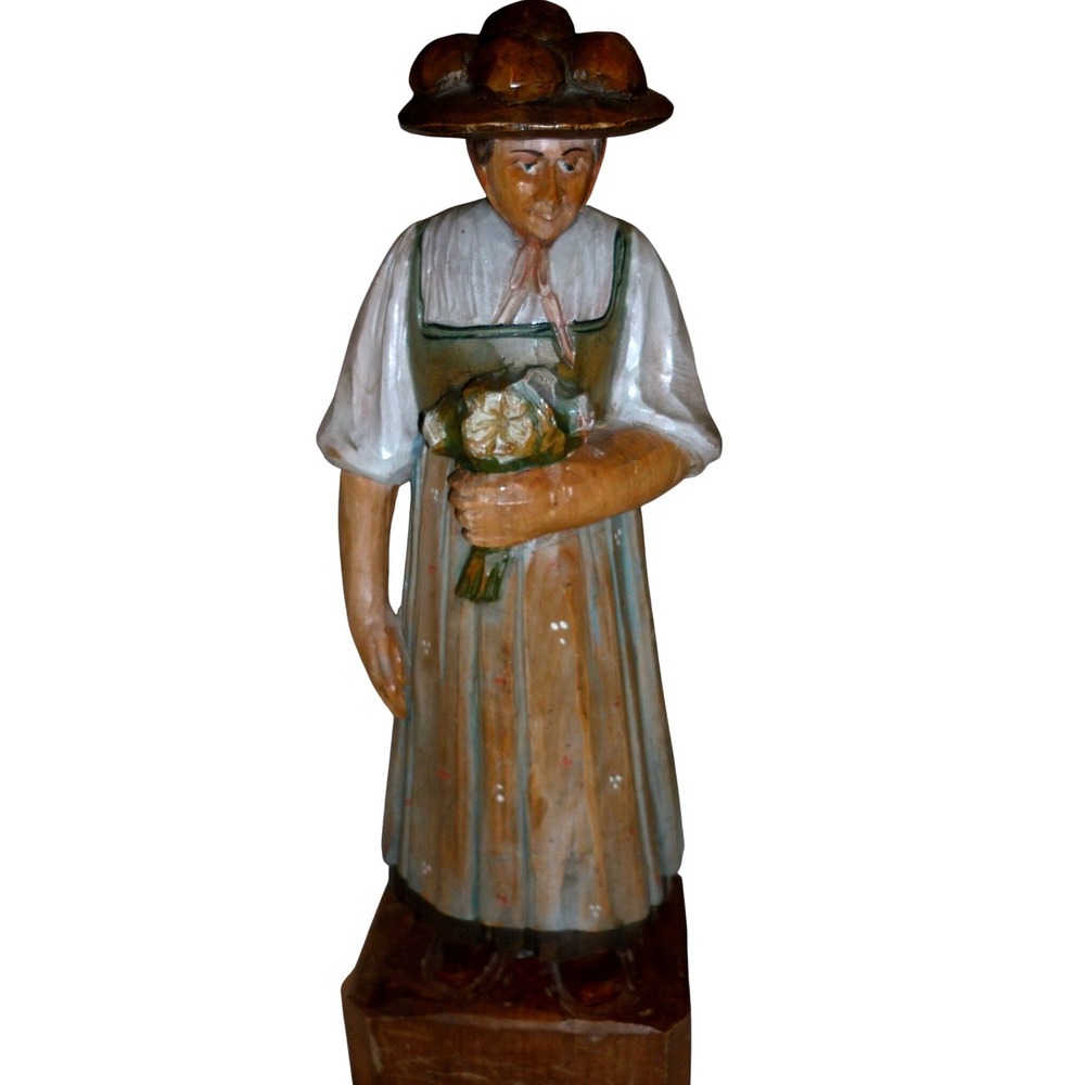 Vintage German‎ Hand Carved Wood Figurine Woman Bollenhut Black Forest Folk Art
